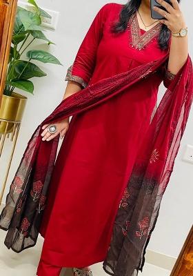 Red Printed Cotton Kurta Set