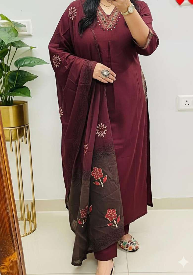 Maroon Embroidered Cotton Straight Kurta Set - Indya