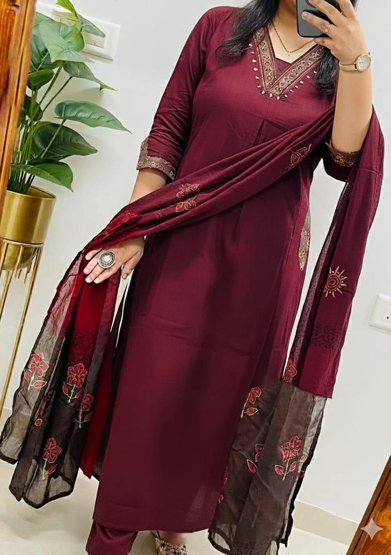 Maroon Printed Cotton Kurta Set - Indya
