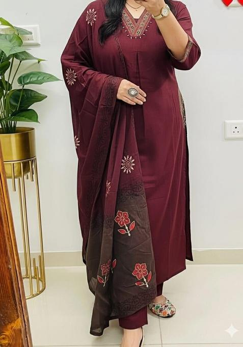 Maroon Embroidery Cotton Kurta Set