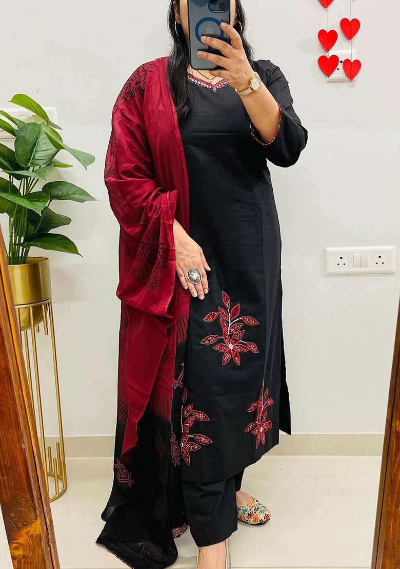 Black Embroidered Cotton Straight Kurta Set - Indya