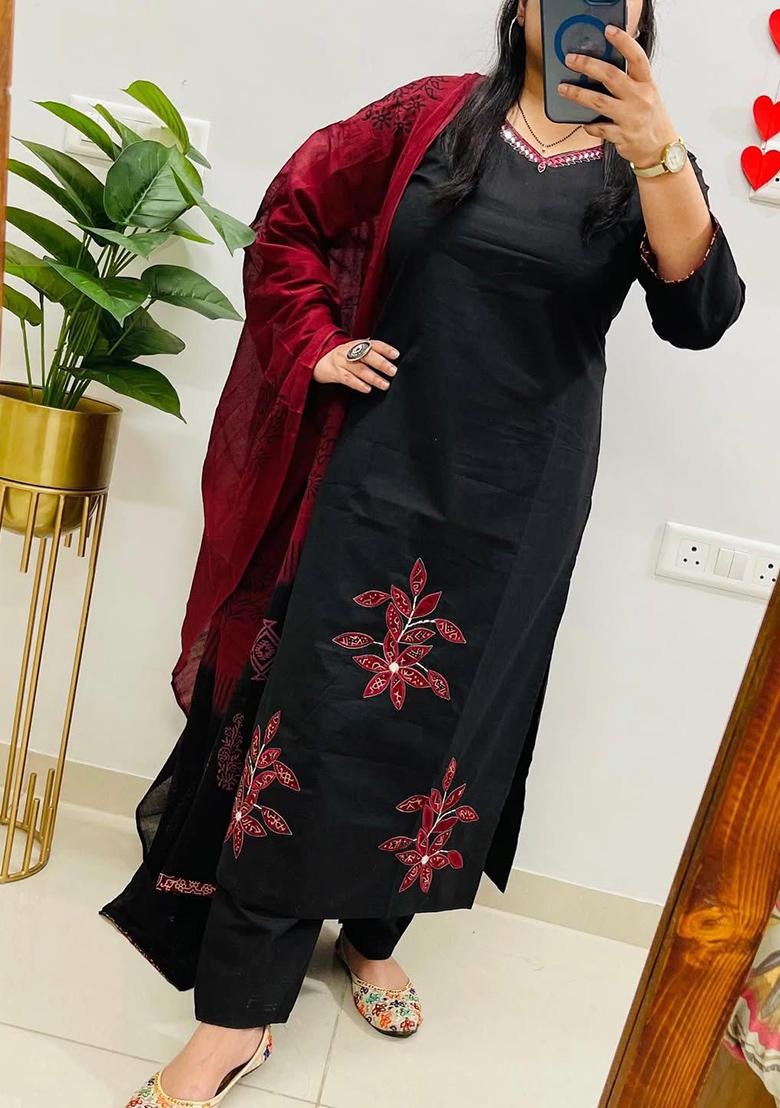 Black Printed Cotton Kurta Set - Indya