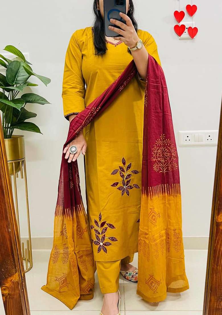 Light-Yellow Embroidered Cotton Straight Kurta Set - Indya