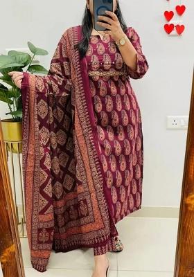 Maroon Printed Cotton Kurta Set