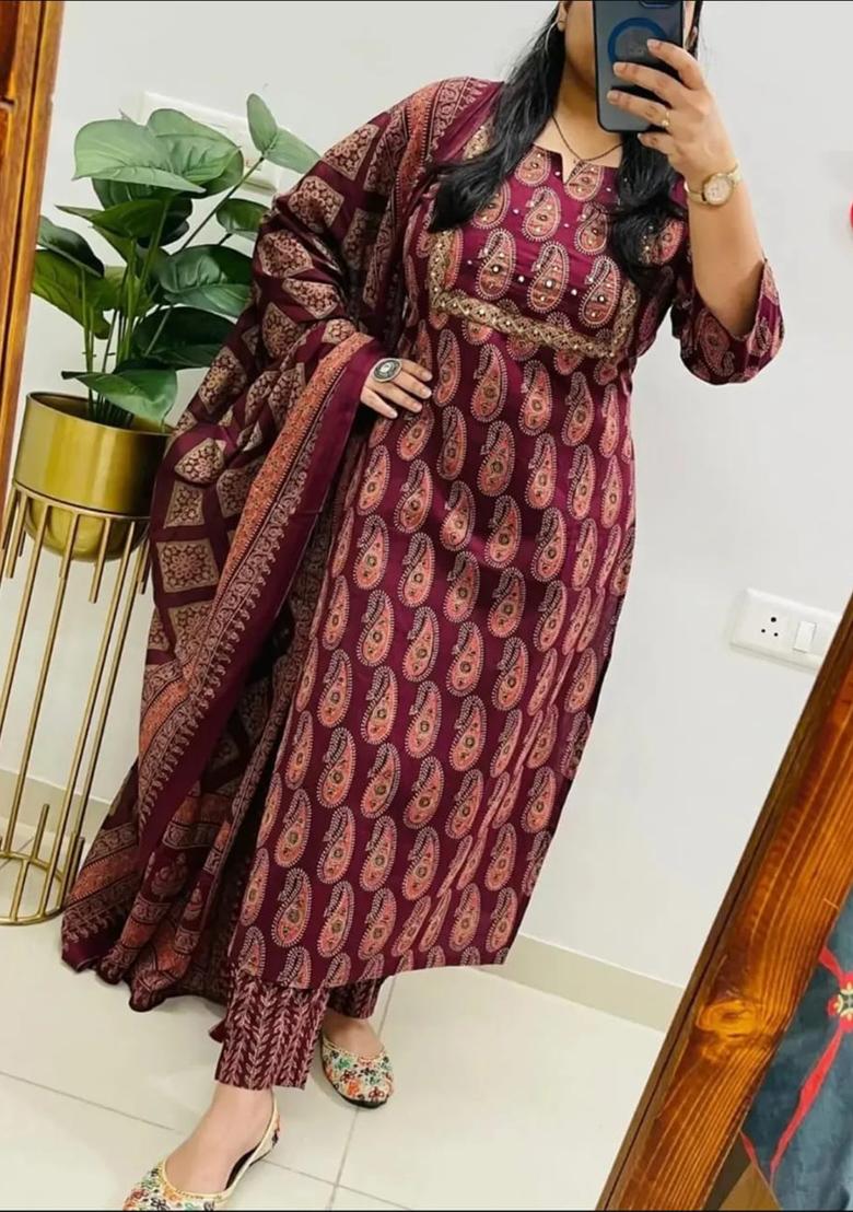 Maroon Printed Cotton Kurta Set - Indya