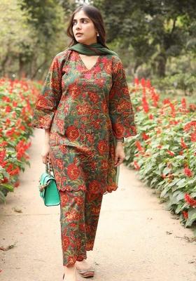 Multi Color Printed Cotton Kurta Set