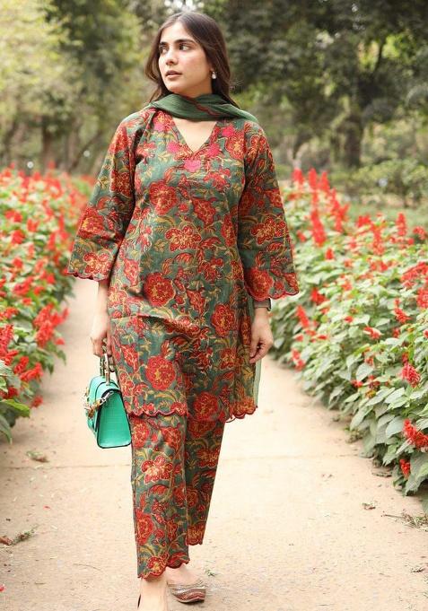 Multi Color Printed Cotton Kurta Set