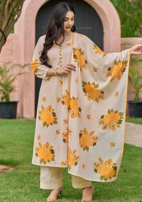 Yellow Printed Cotton Kurta Set