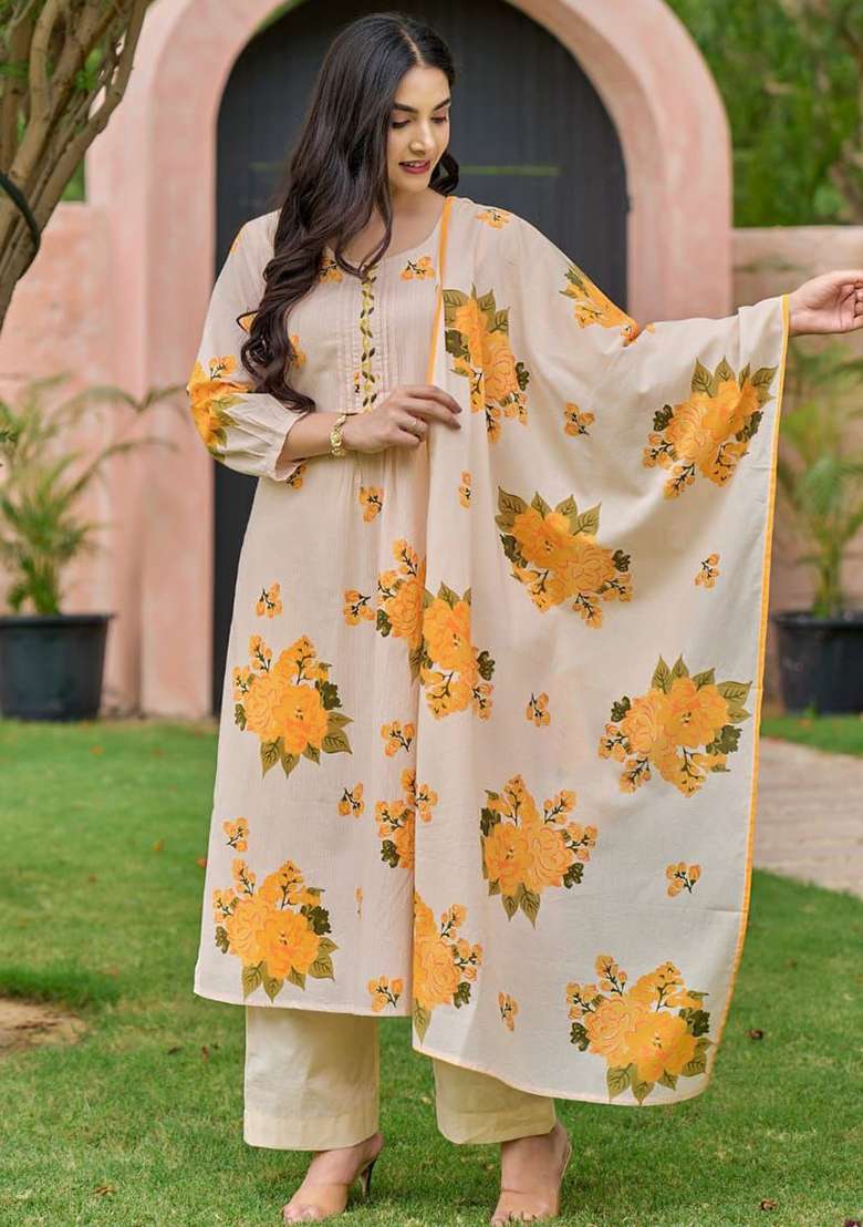 Yellow Floral Print Cotton Straight Kurta Set - Indya