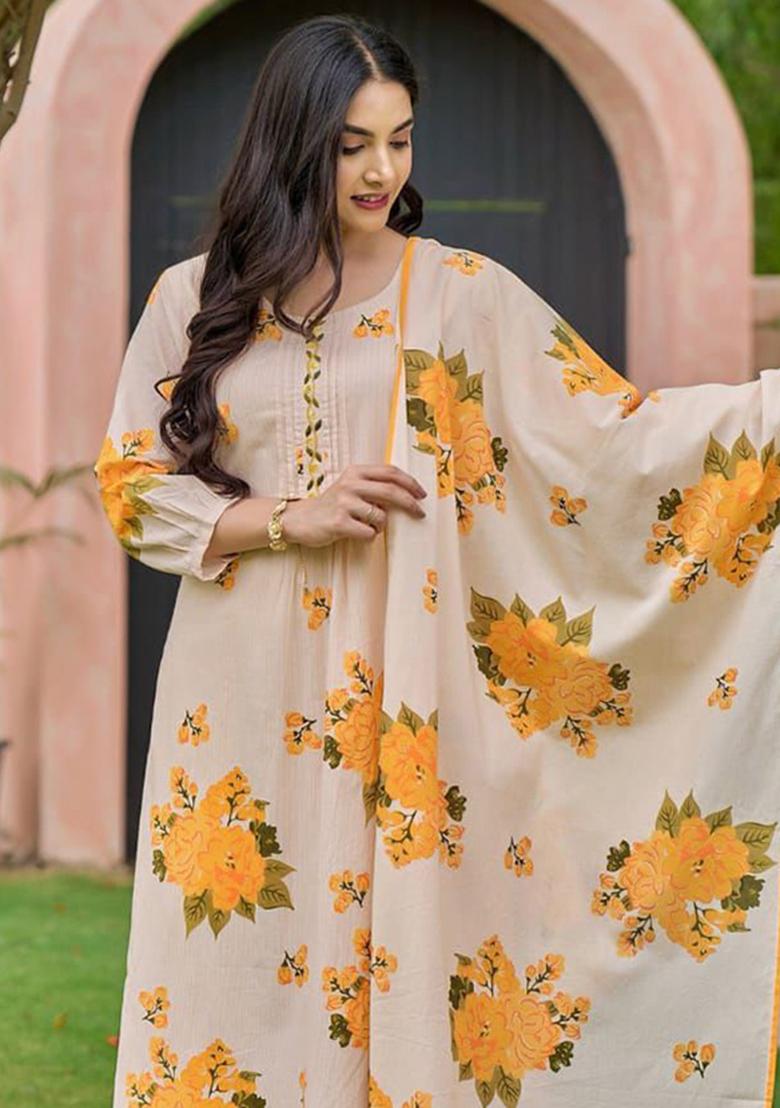 Yellow Printed Cotton Kurta Set - Indya