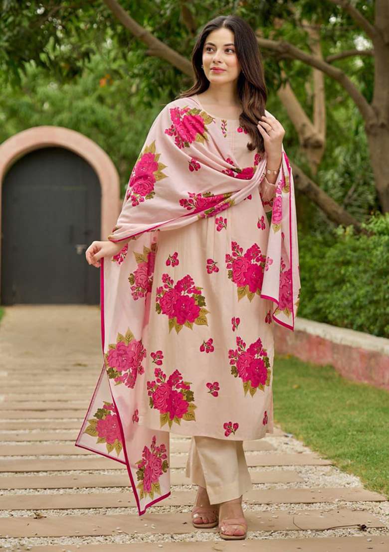 Pink Floral Print Cotton Straight Kurta Set - Indya