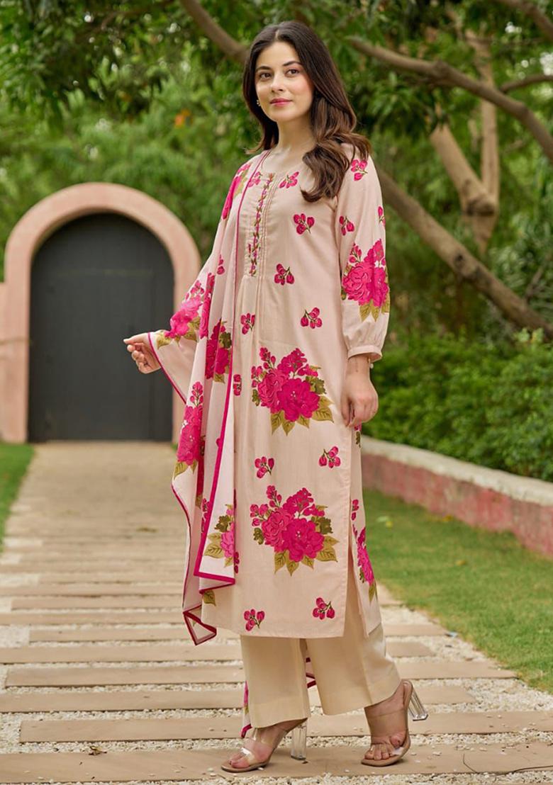 Pink Printed Cotton Kurta Set - Indya