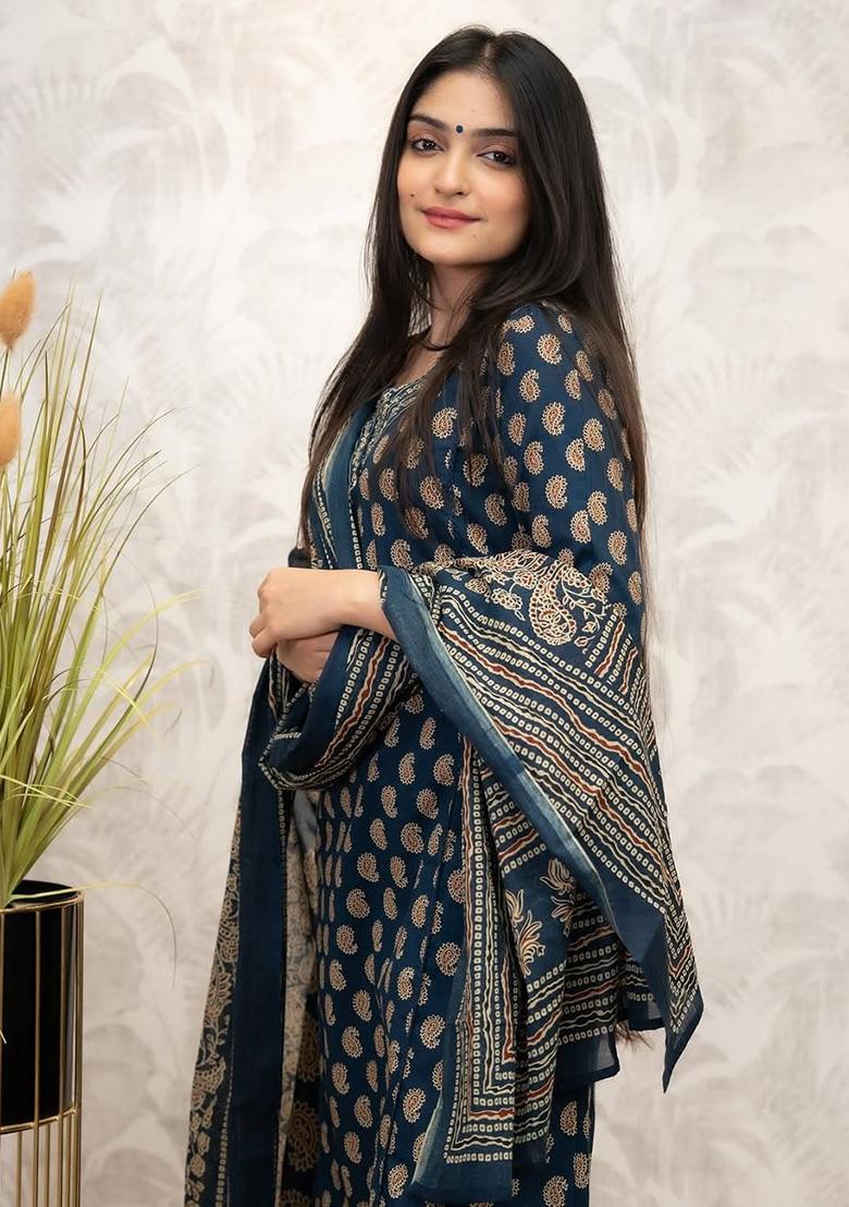 Blue Printed Cotton Kurta Set - Indya