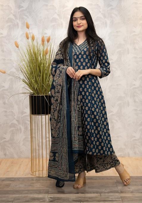 Blue Printed Cotton Kurta Set