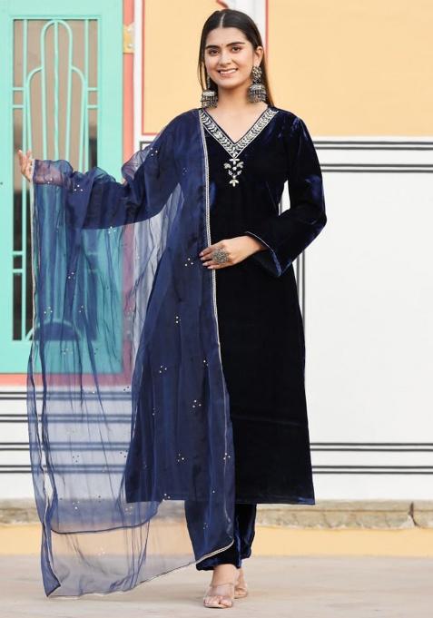 Blue Printed Cotton Kurta Set