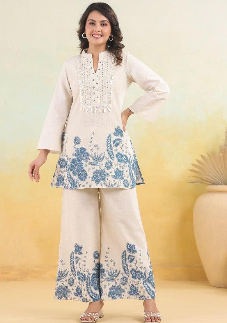 White Printed Cotton Kurta Set - Indya