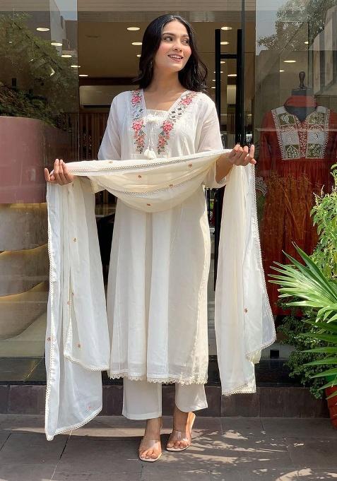White Printed Cotton Kurta Set