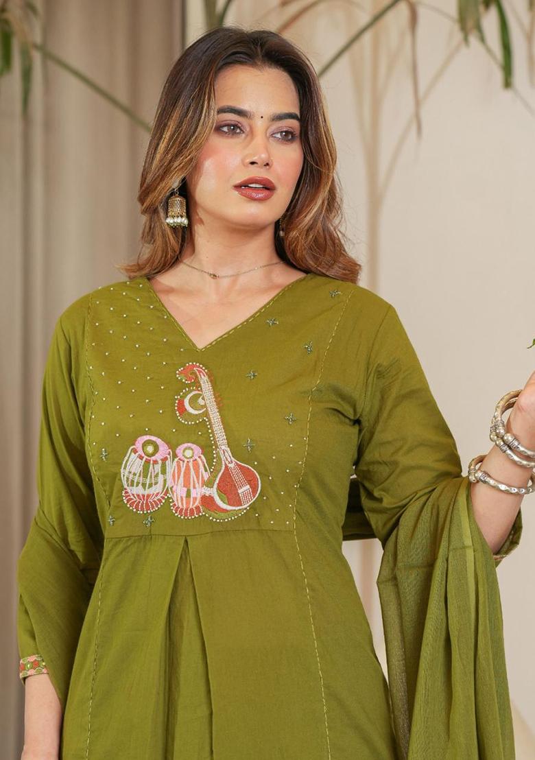 Green Printed Cotton Kurta Set - Indya