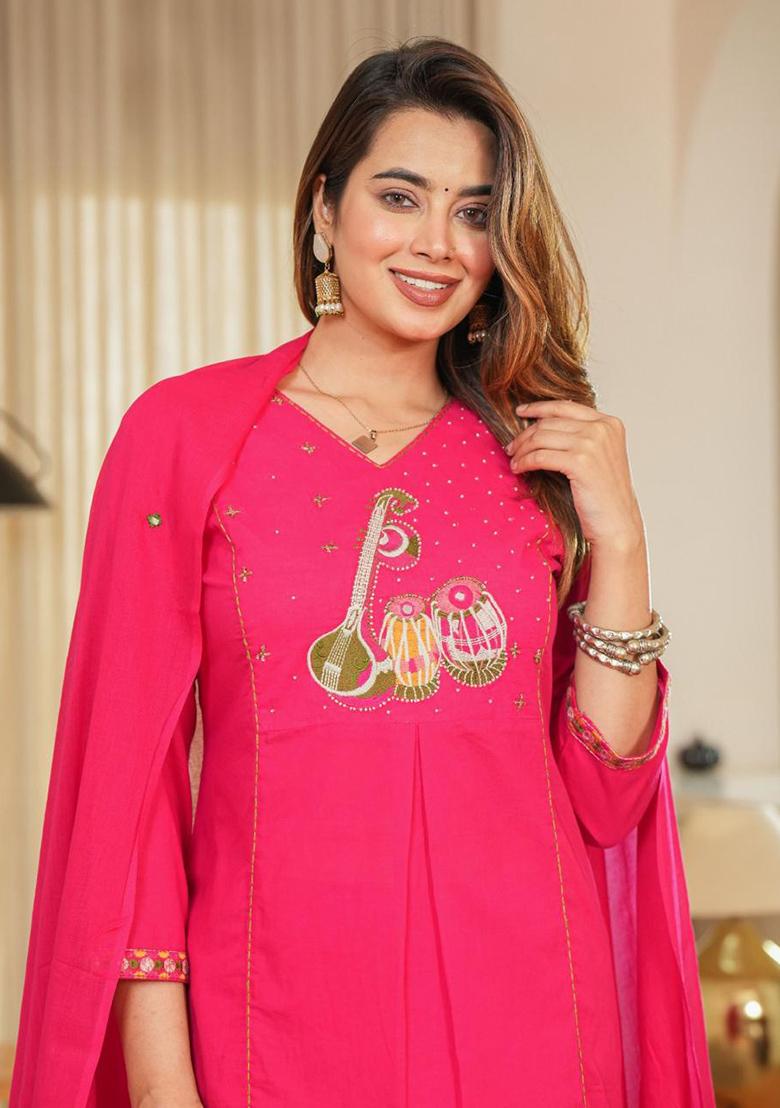 Pink Printed Cotton Kurta Set - Indya