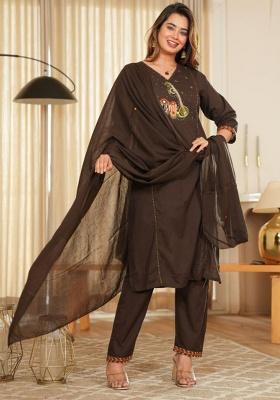 Brown Printed Cotton Kurta Set