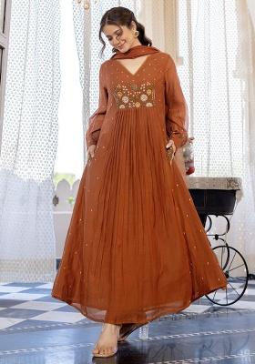 Brown Printed Cotton Kurta Set