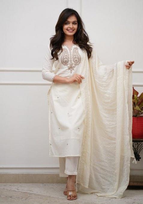 White Printed Cotton Kurta Set