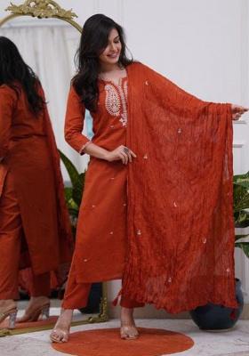 Orange Printed Cotton Kurta Set
