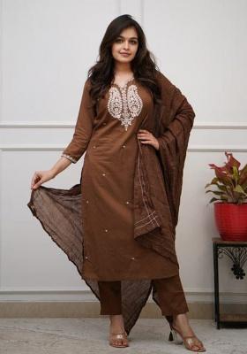 Brown Printed Cotton Kurta Set