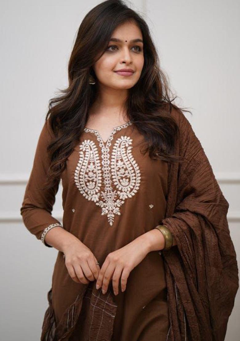 Brown Printed Cotton Kurta Set - Indya