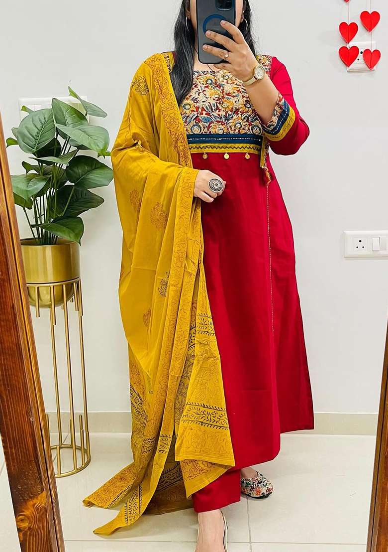 Red Embroidered Cotton Anarkali Set - Indya
