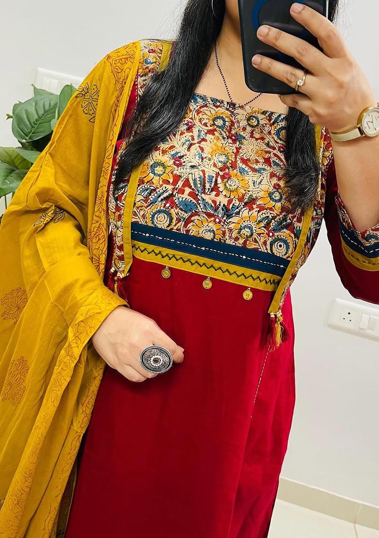 Red Printed Cotton Kurta Set - Indya