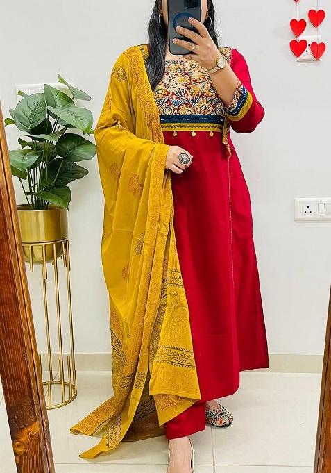 Red Printed Cotton Kurta Set