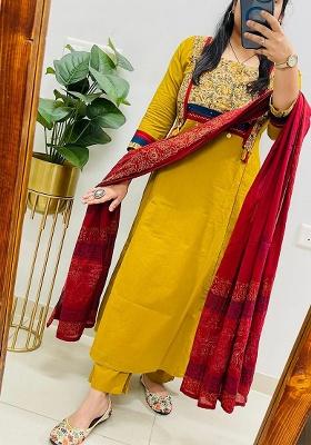 Dark-Yellow Printed Cotton Kurta Set