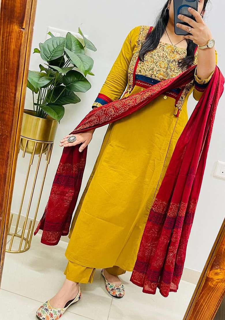 Dark-Yellow Embroidered Cotton Straight Kurta Set - Indya
