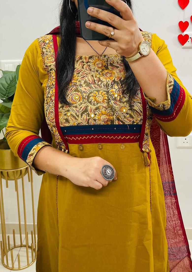 Dark-Yellow Printed Cotton Kurta Set - Indya