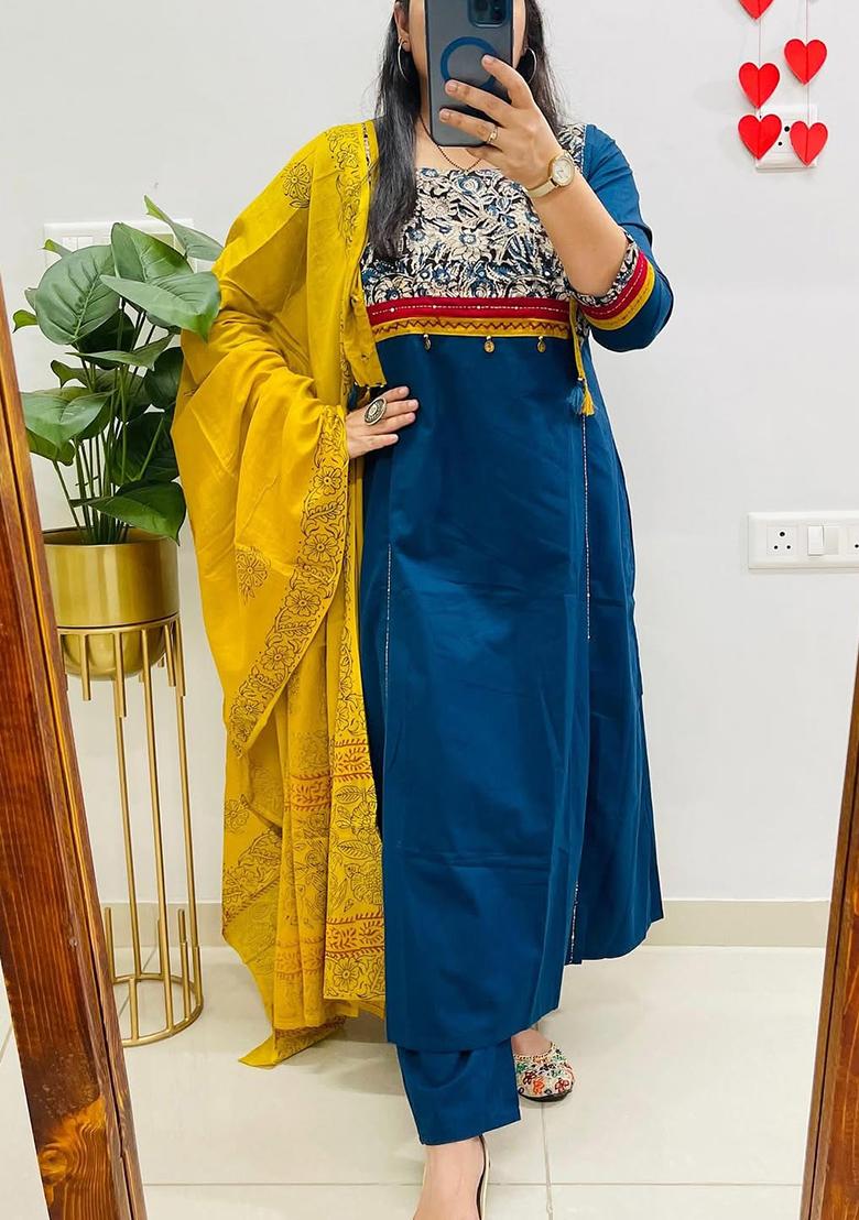 Blue Printed Cotton Kurta Set - Indya