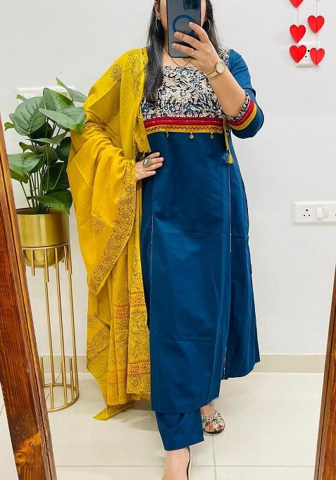 Blue Printed Cotton Kurta Set