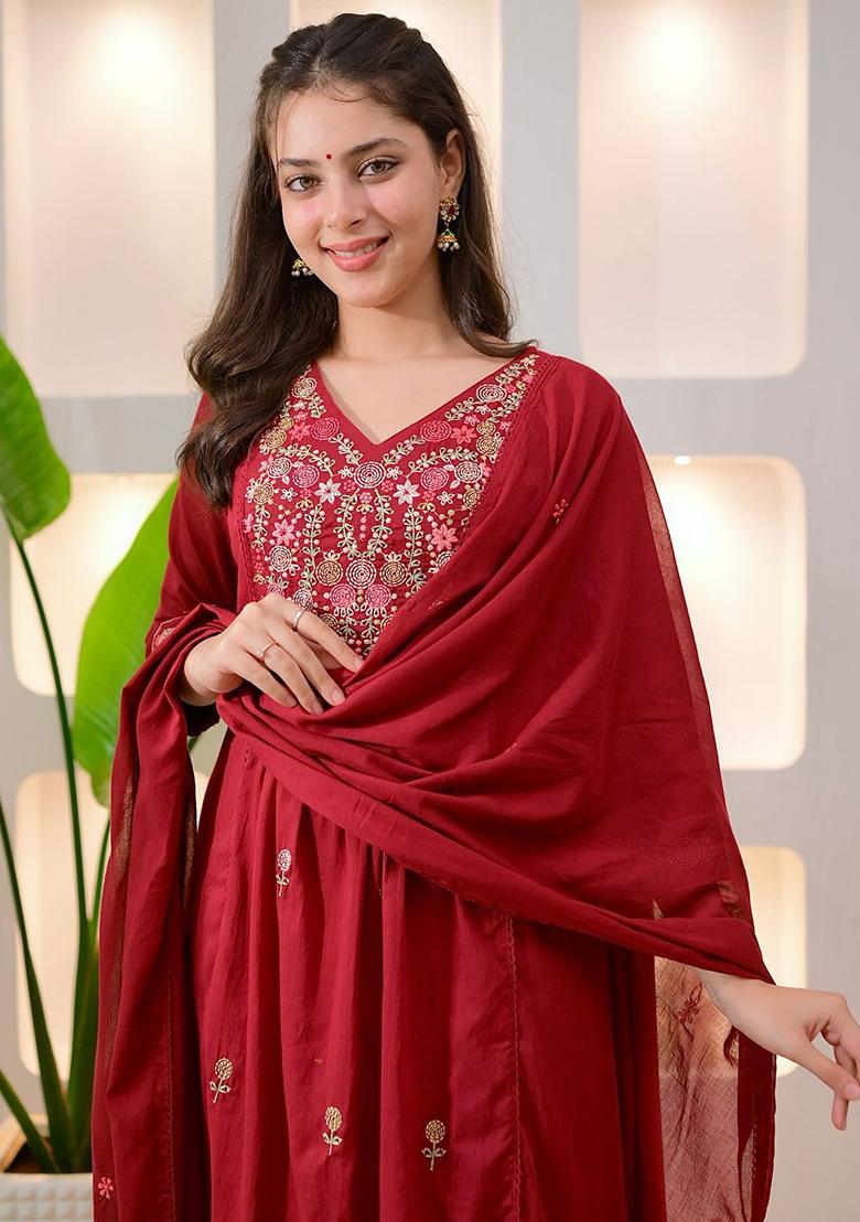 Red Printed Cotton Kurta Set - Indya