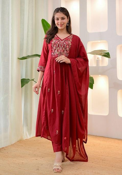 Red Embroidery Cotton Kurta Set