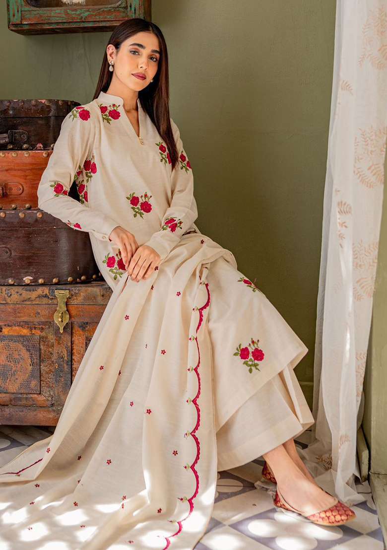 White Embroidered Cotton Anarkali Set - Indya