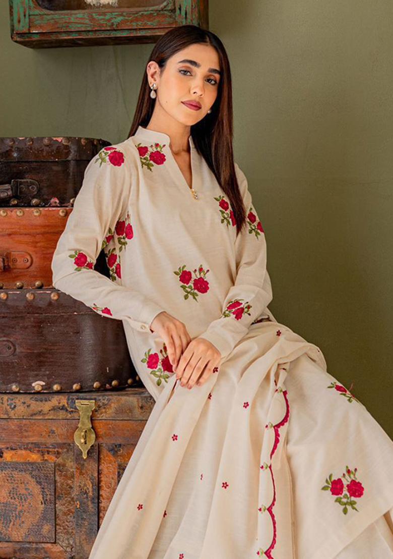White Printed Cotton Kurta Set - Indya
