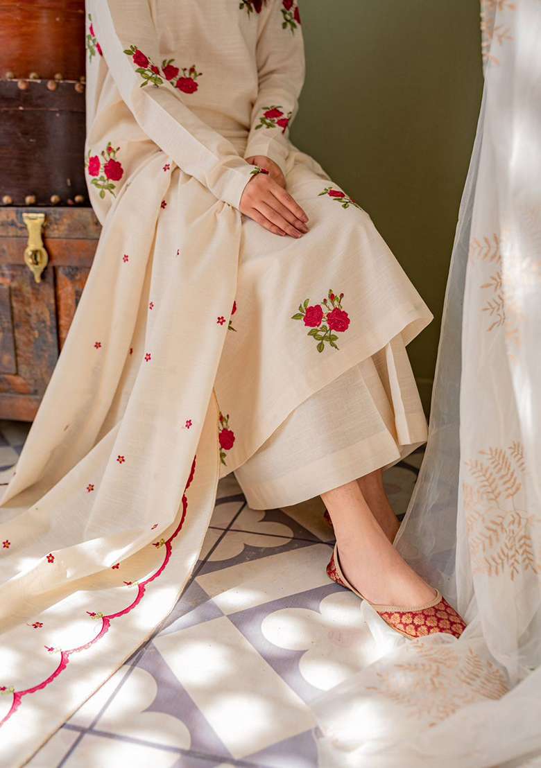White Embroidered Cotton Anarkali Set - Indya