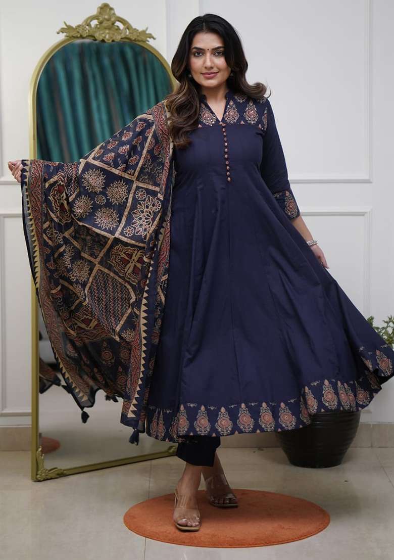 Blue Embroidered Cotton Anarkali Set - Indya