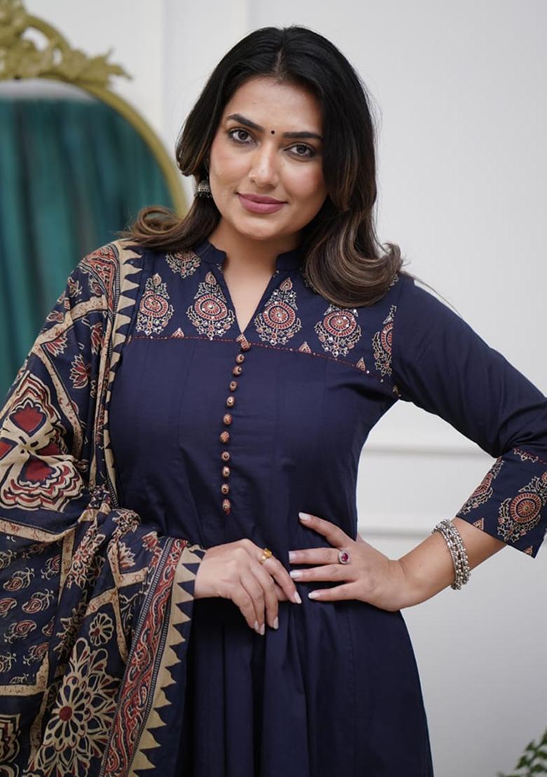 Blue Printed Cotton Kurta Set - Indya