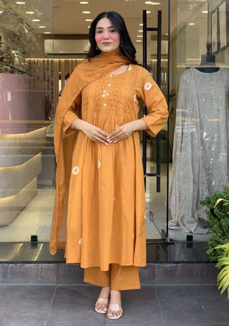 Dark-Yellow Embroidered Cotton A Line Kurta Set - Indya