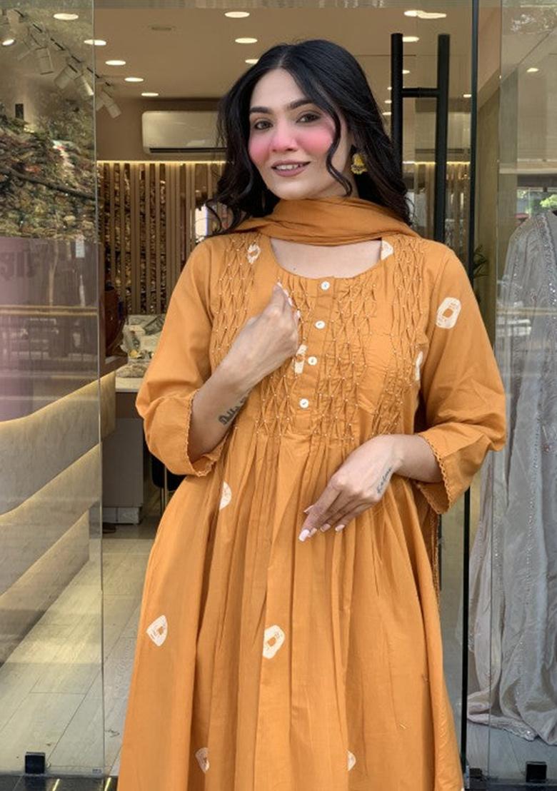 Dark-Yellow Printed Cotton Kurta Set - Indya