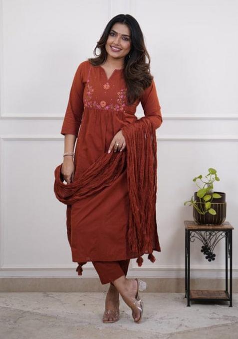 Brown Printed Cotton Kurta Set