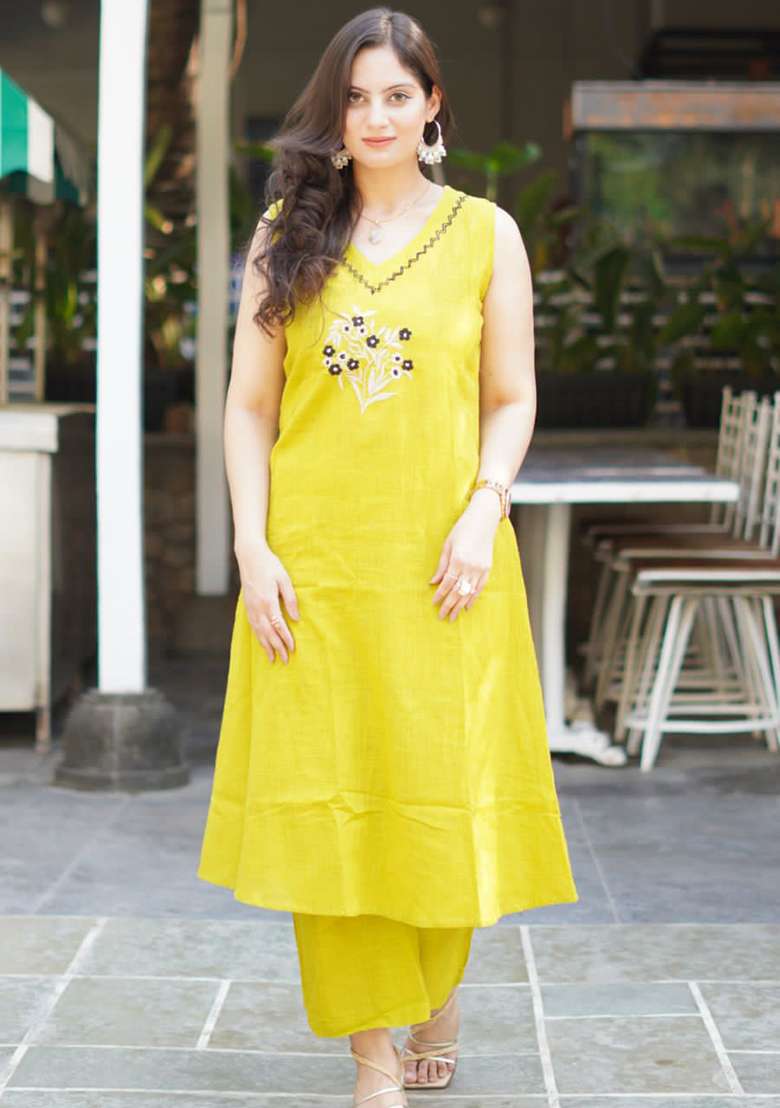Yellow Embroidered Cotton Straight Kurta Set - Indya