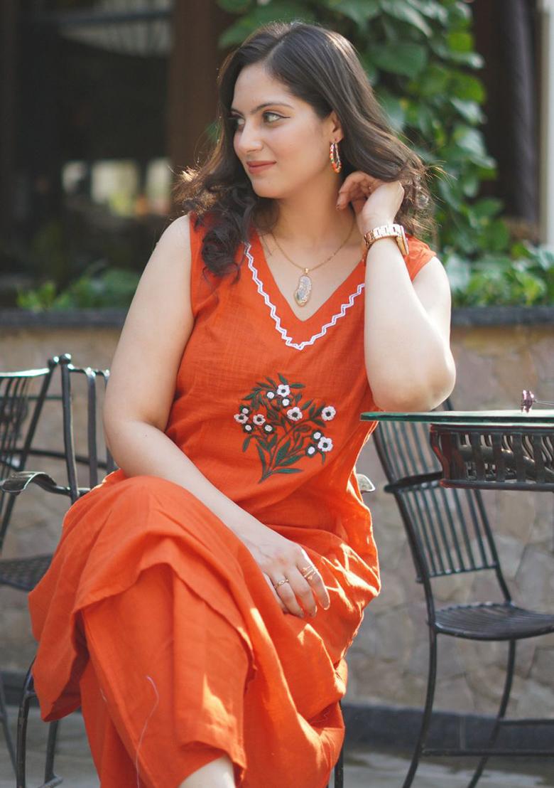 Orange Printed Cotton Kurta Set - Indya