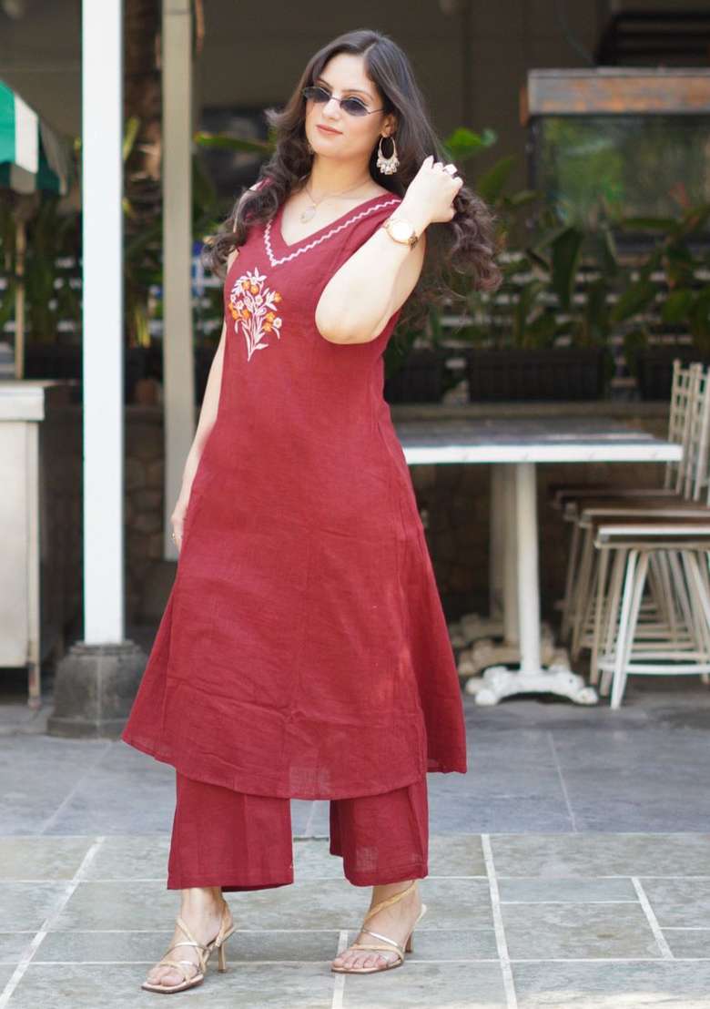 Maroon Embroidered Cotton Straight Kurta Set - Indya